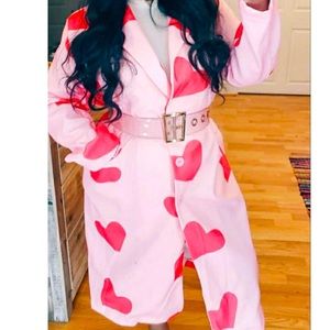 Pink Heart Patterned Women's Coat
